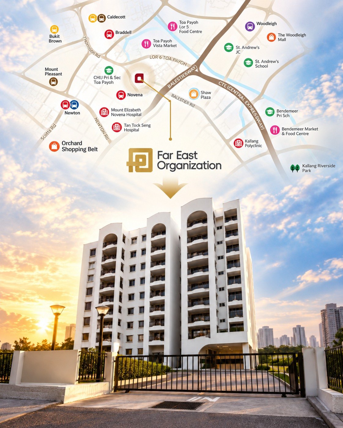 Far East Organization graphic with a map of nearby places including Novena, Newton, Orchard and Shaw Plaza