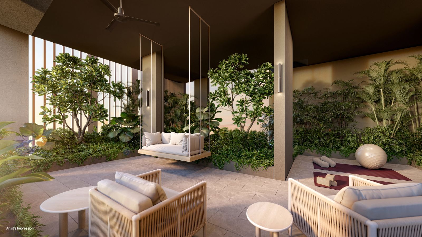 Covered garden lounge with swing seat, artist's impression