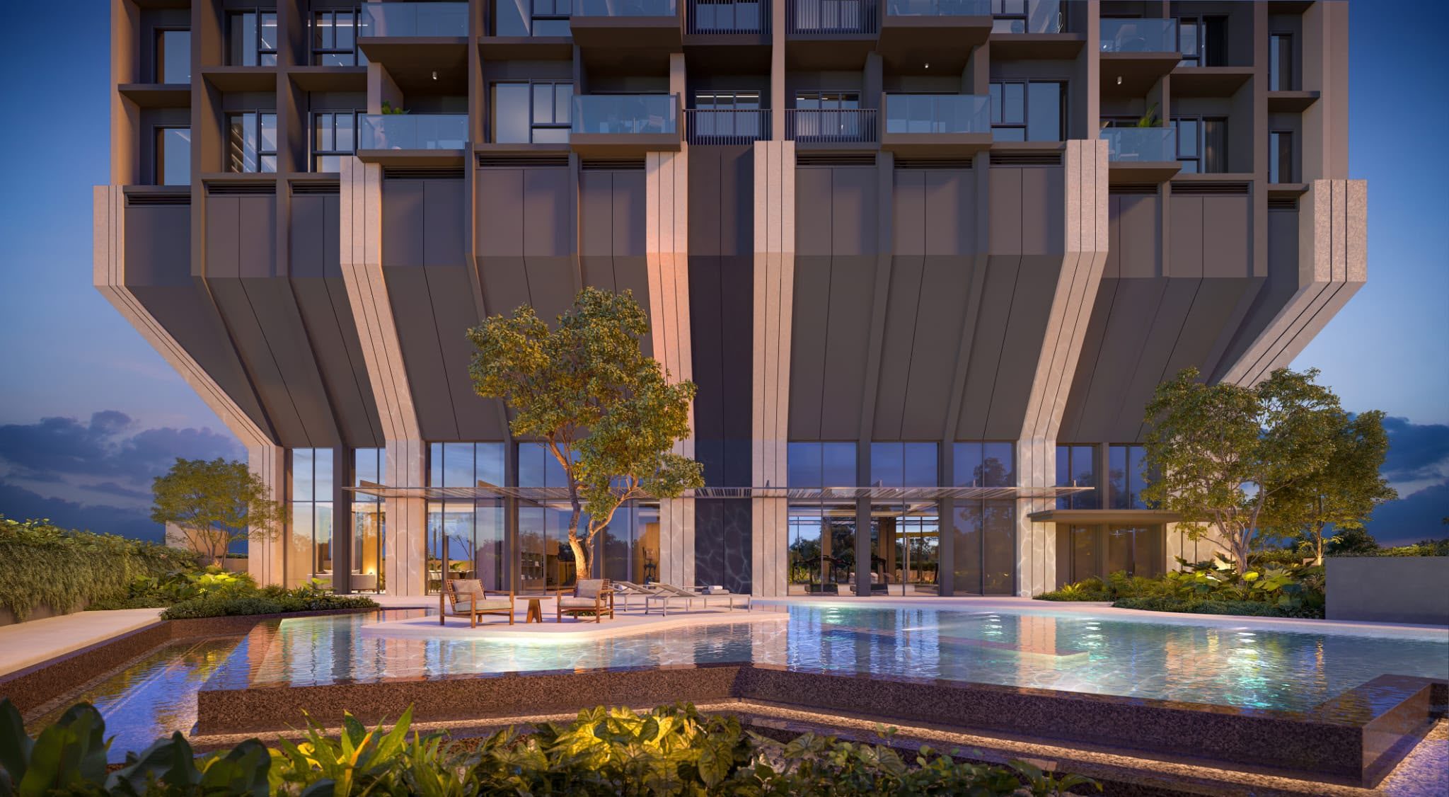The Serra Residences tower and pool deck at dusk, artist's impression