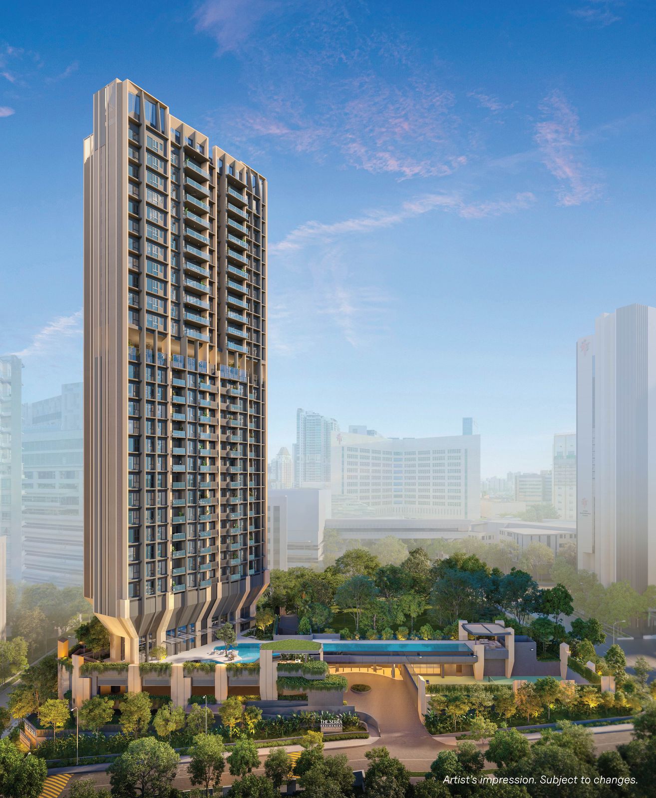 The Serra Residences tower in daylight, artist's impression
